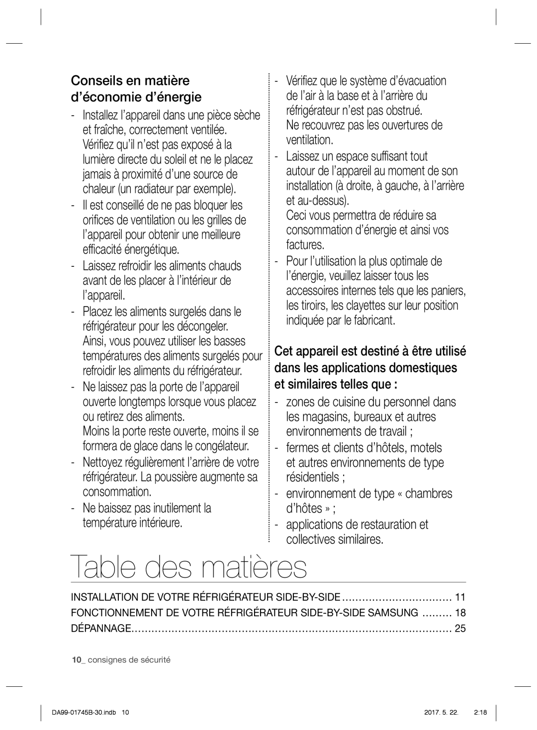 Samsung RSG5DURS1/XEF, RSG5PCRS1/XEO, RSG5FURS1/ANU manual Table des matières, Conseils en matière d’économie d’énergie 