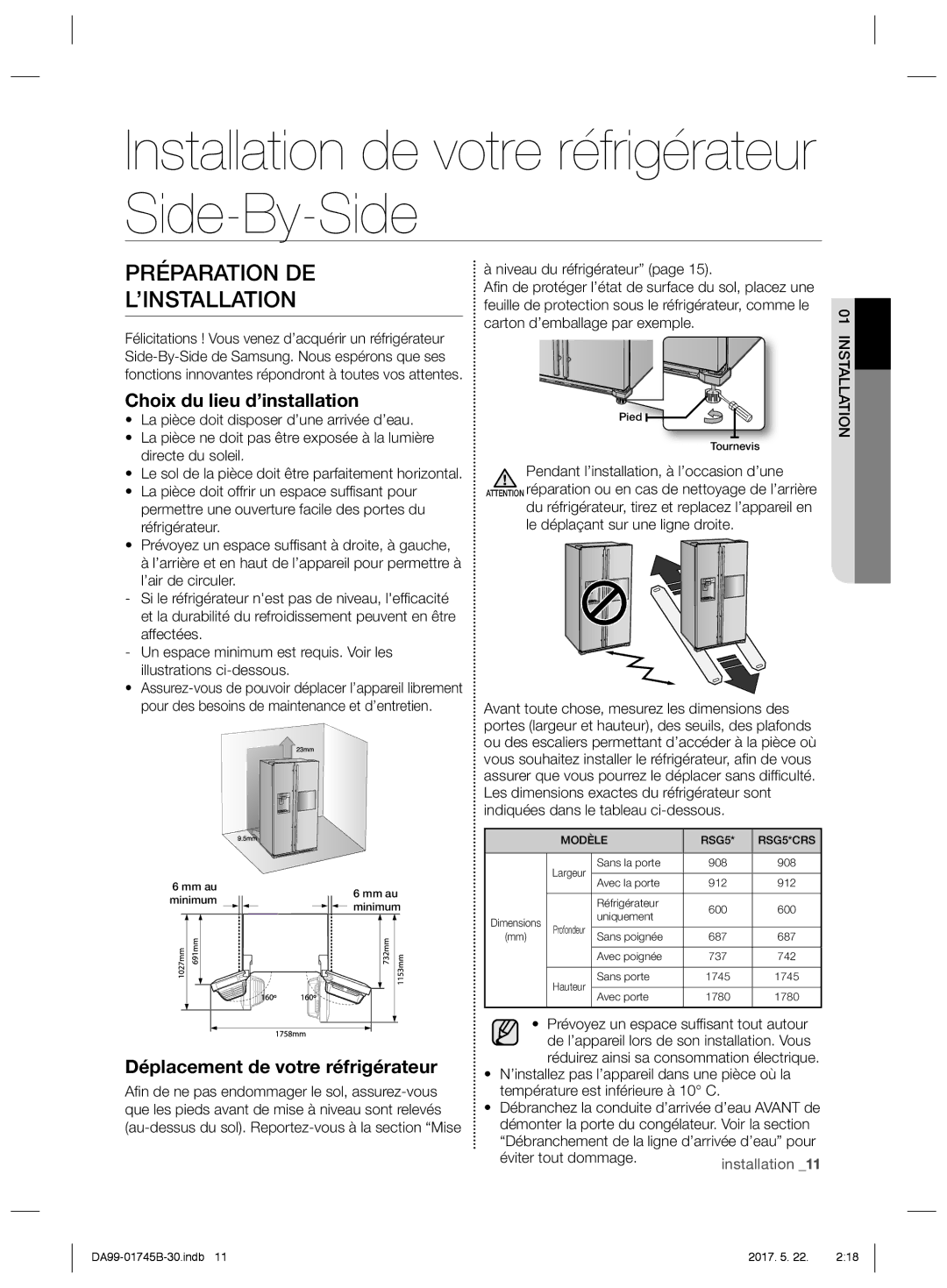 Samsung RSG5PUSL1/XEF Installation de votre réfrigérateur Side-By-Side, Préparation DE ’INSTALLATION, Éviter tout dommage 