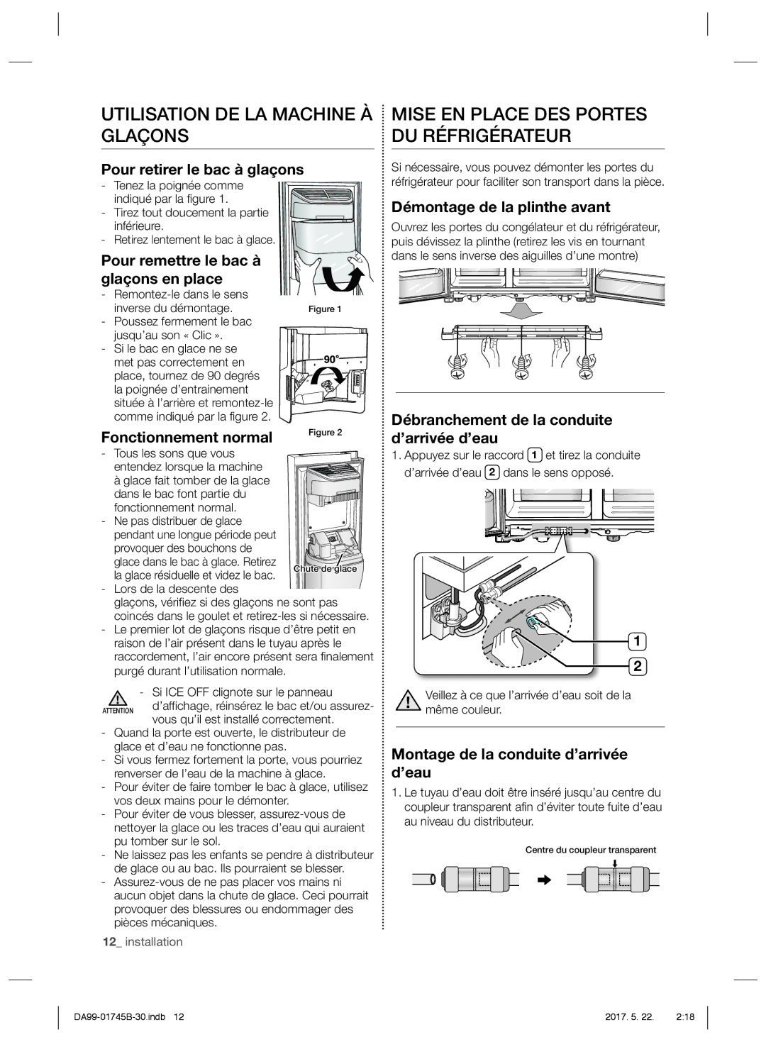 Samsung RSG5PUBP2/XEF, RSG5PCRS1/XEO manual Utilisation DE LA Machine À Glaçons, Mise EN Place DES Portes DU Réfrigérateur 