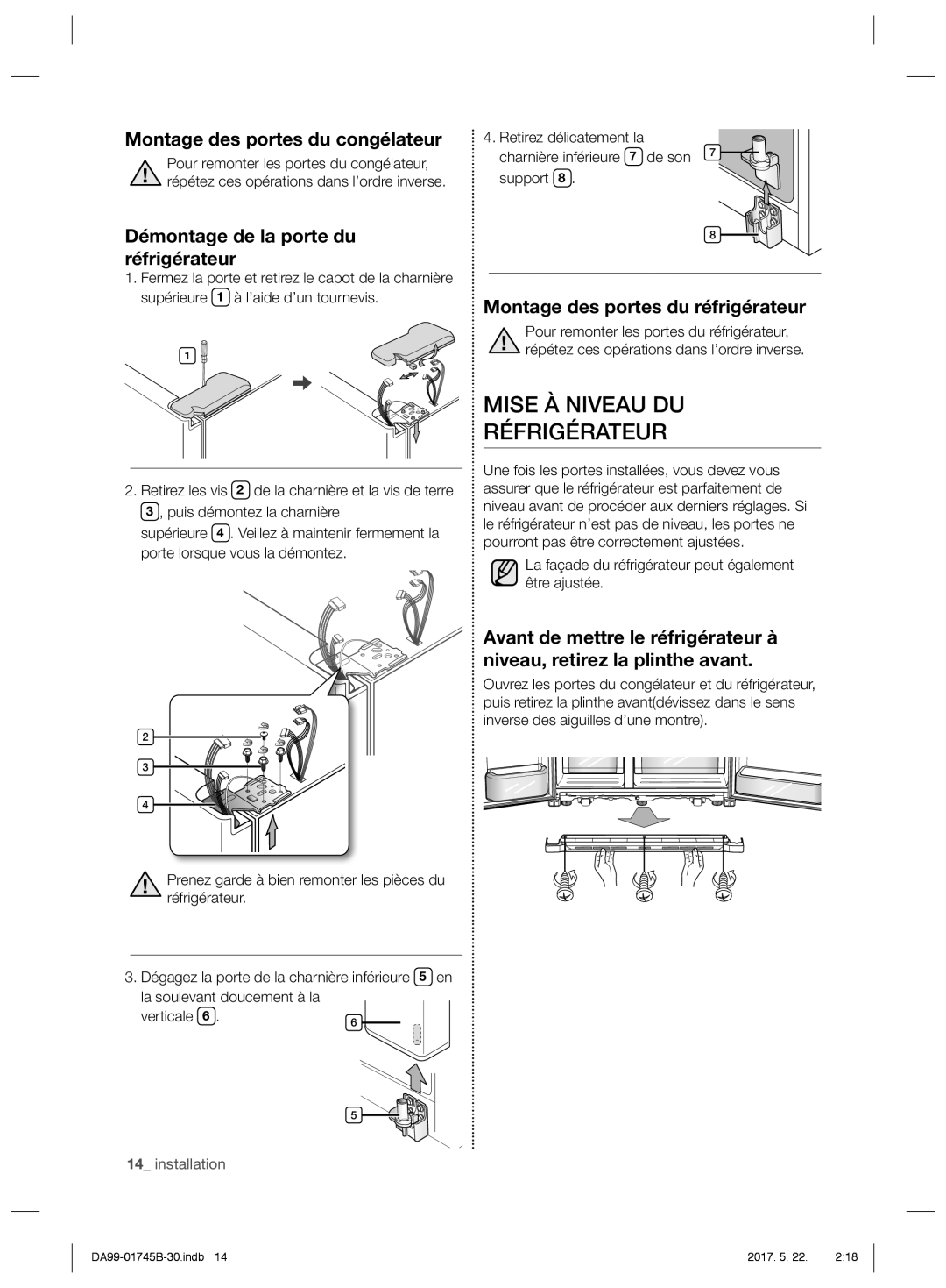 Samsung RSG5UCRS1/XEF, RSG5PCRS1/XEO, RSG5FURS1/ANU manual Mise À Niveau DU Réfrigérateur, Montage des portes du congélateur 