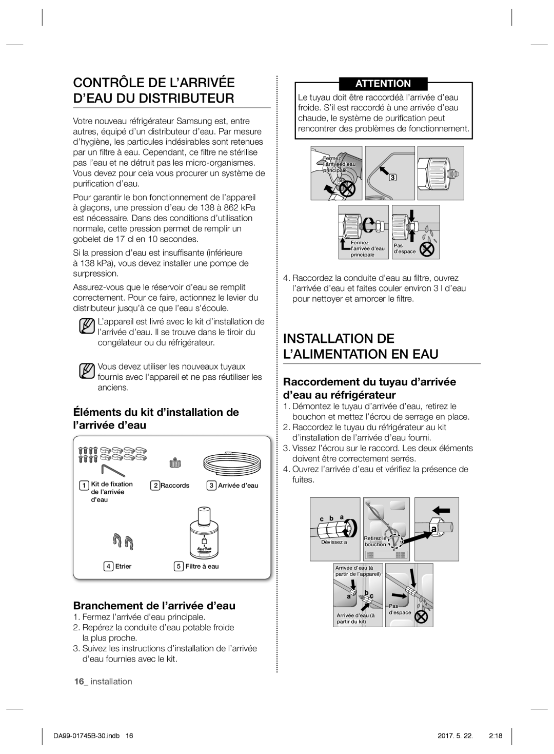 Samsung RSG5PUPN1/XEF, RSG5PCRS1/XEO Installation DE L’ALIMENTATION EN EAU, Contrôle DE L’ARRIVÉE D’EAU DU Distributeur 