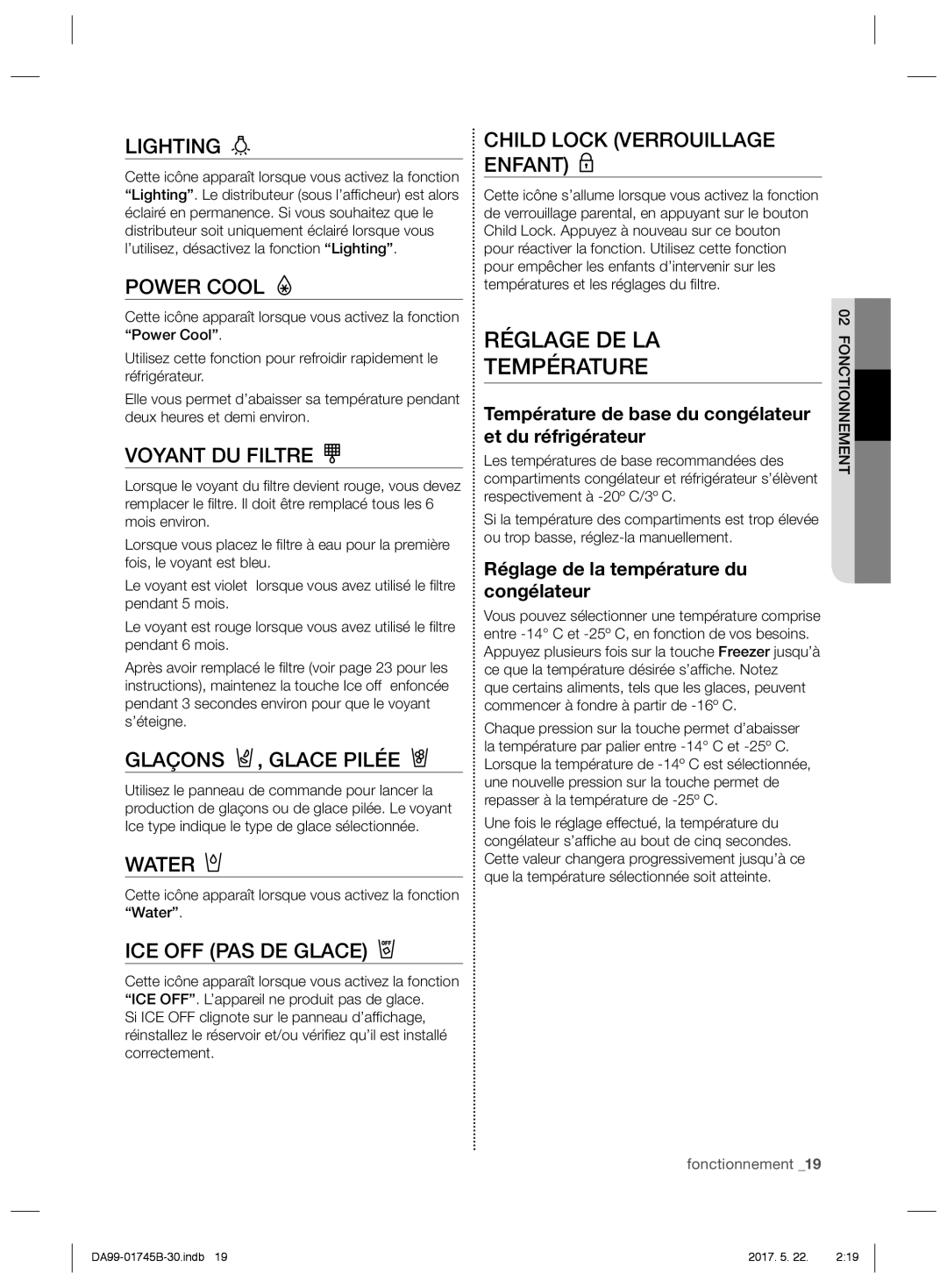 Samsung RSH7PNRS1/XEF, RSG5PCRS1/XEO Réglage DE LA Température, Température de base du congélateur et du réfrigérateur 