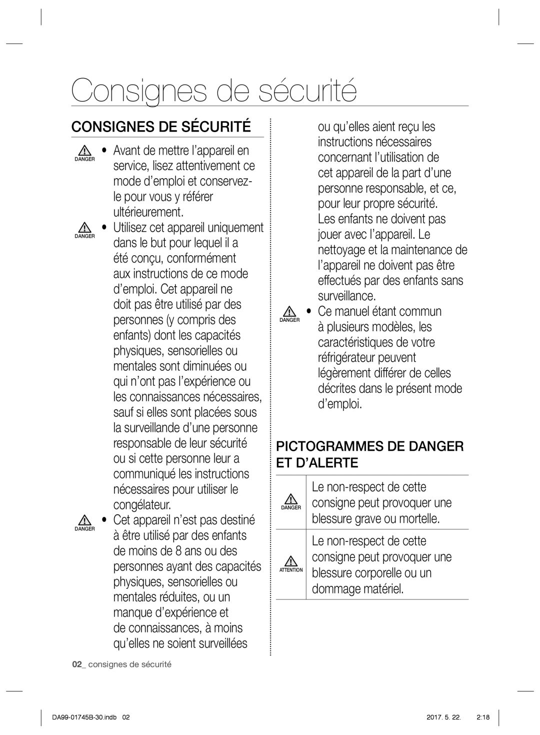 Samsung RSG5FUPS1/XEG, RSG5PCRS1/XEO manual Consignes de sécurité, Consignes DE Sécurité, Pictogrammes DE Danger ET D’ALERTE 