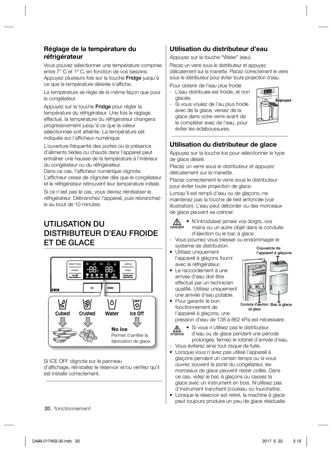 Samsung RSG5PURS1/XEF Utilisation DU Distributeur D’EAU Froide ET DE Glace, Réglage de la température du réfrigérateur 