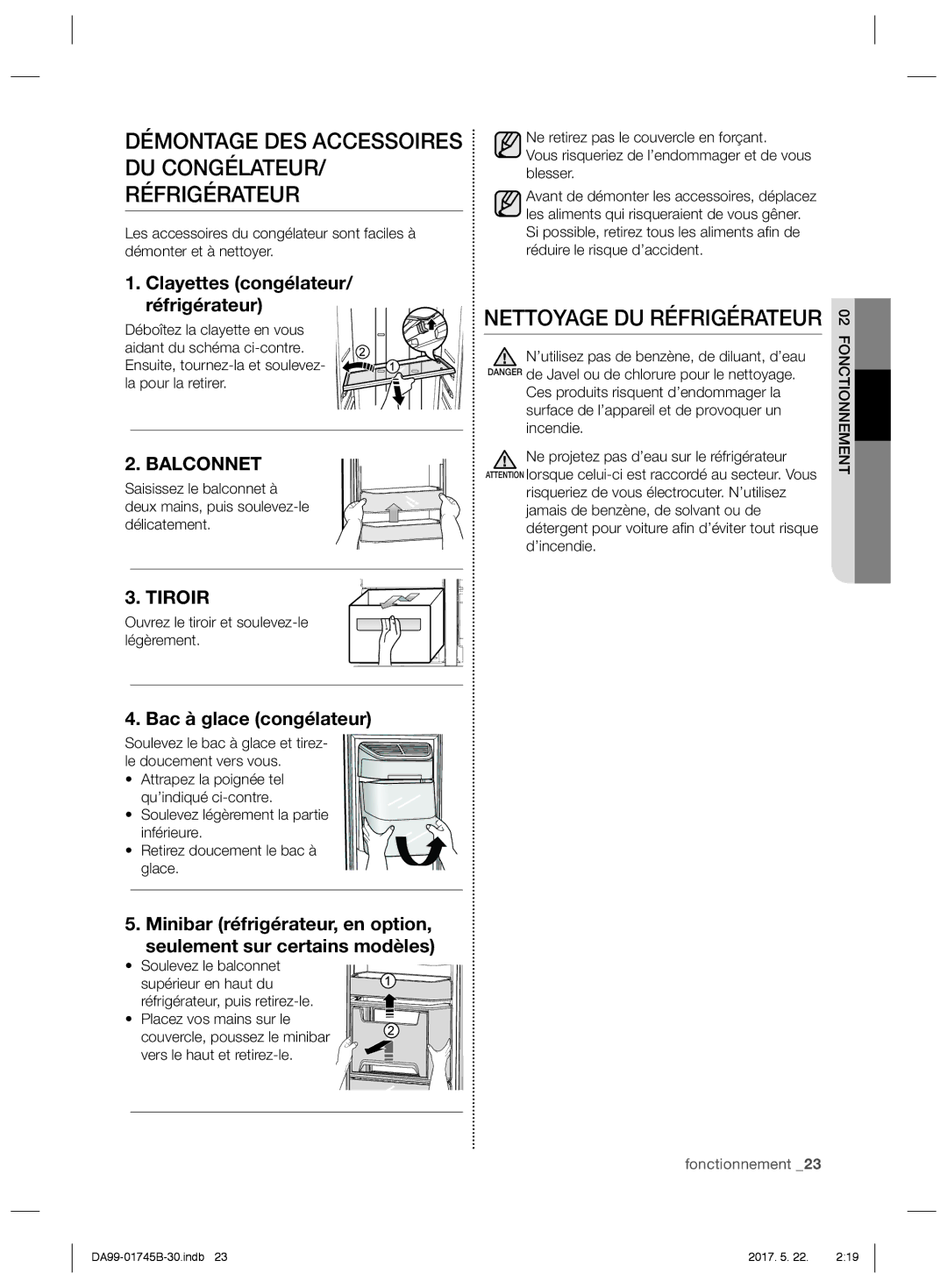 Samsung RSG5FUPS1/XEG manual Nettoyage DU Réfrigérateur, Clayettes congélateur/ réfrigérateur, Bac à glace congélateur 