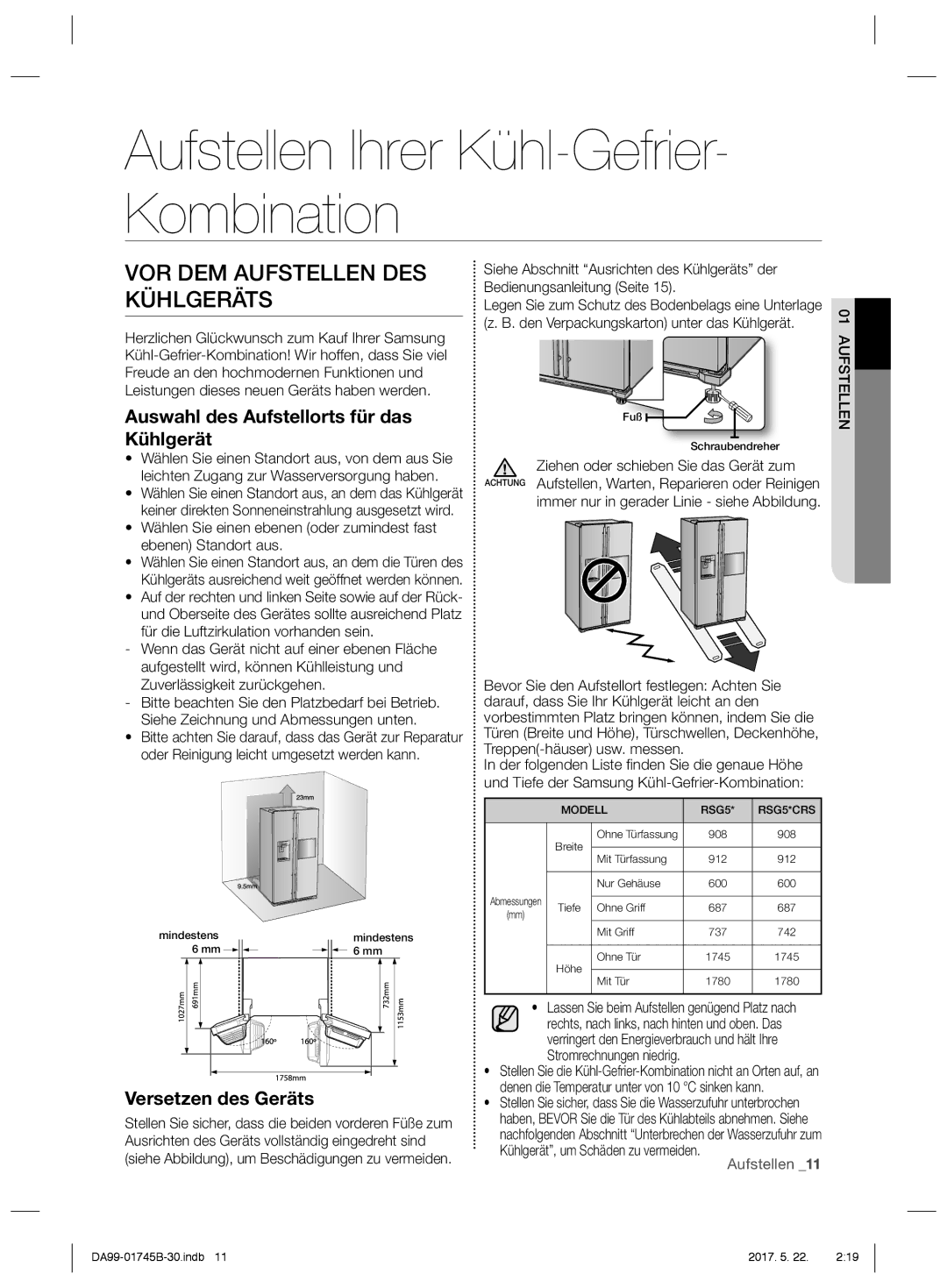 Samsung RSG5PUPN1/XEF VOR DEM Aufstellen DES Kühlgeräts, Auswahl des Aufstellorts für das Kühlgerät, Versetzen des Geräts 