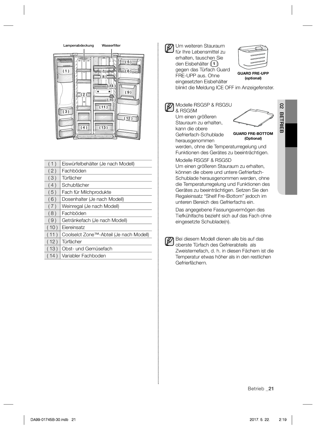 Samsung RSG5PCRS1/XEF, RSG5PCRS1/XEO manual Kann die obere Gefrierfach-Schublade Guard FRE-BOTTOM, Modelle RSG5F & RSG5D 