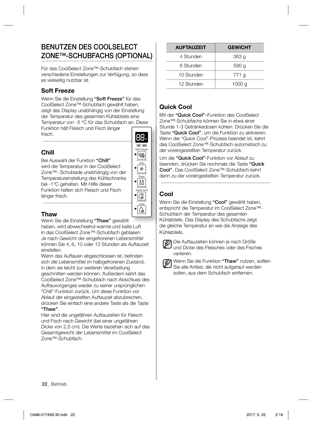 Samsung RSH7PNRS1/EUR, RSG5PCRS1/XEO, RSG5FURS1/ANU, RSG5FUPS1/XEG, RSG5PURS1/EUR manual Soft Freeze, Thaw, Quick Cool, Frisch 