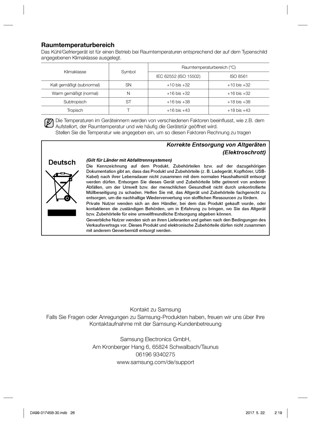 Samsung RSG5DURS1/XEF, RSG5PCRS1/XEO, RSG5FURS1/ANU, RSG5FUPS1/XEG, RSG5PURS1/EUR manual Deutsch, Raumtemperaturbereich 