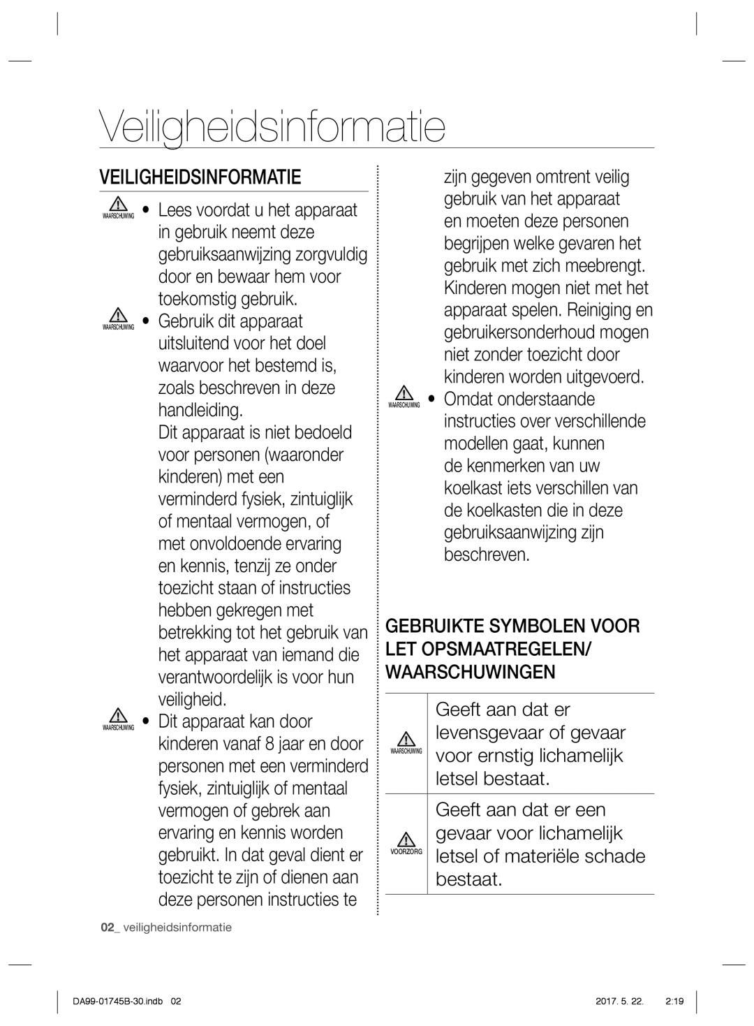 Samsung RSG5PUBP2/XEF Veiligheidsinformatie, Geeft aan dat er, Gebruikte Symbolen Voor LET OPSMAATREGELEN/ Waarschuwingen 