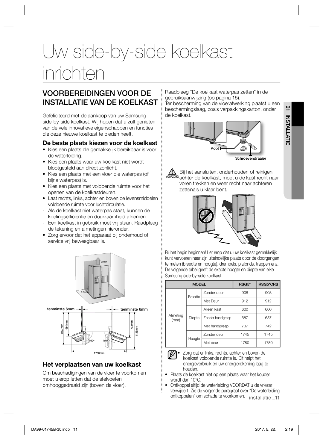 Samsung RSG5PCRS1/XEO manual Uw side-by-side koelkast inrichten, Voorbereidingen Voor DE Installatie VAN DE Koelkast 