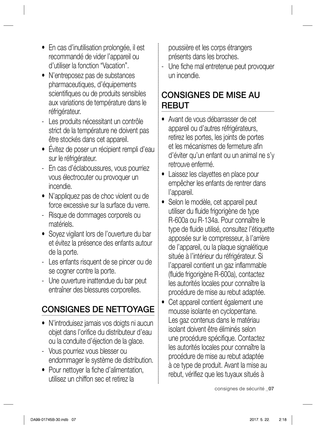 Samsung RSG5UCRS1/XES manual Consignes DE Mise AU Rebut, Risque de dommages corporels ou matériels, Consignes DE Nettoyage 