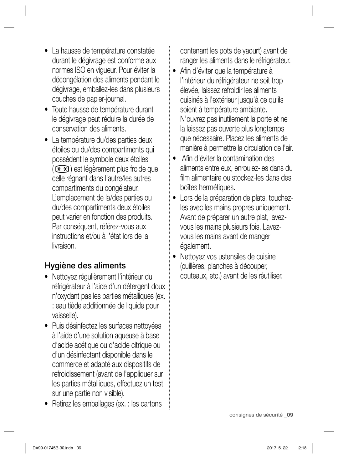 Samsung RSG5FUBP1/XEF, RSG5PCRS1/XEO, RSG5FURS1/ANU, RSG5FUPS1/XEG Hygiène des aliments, Possèdent le symbole deux étoiles 