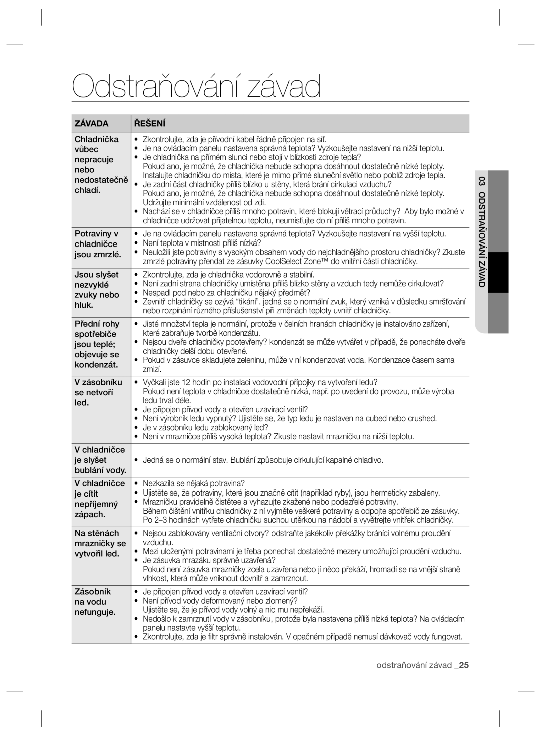 Samsung RSG5PURS1/XEF, RSG5PCRS1/XEO, RSG5FURS1/ANU, RSG5PURS1/EUR, RSG5PCRS1/XEF manual Odstraňování závad, Odstraňování Závad 