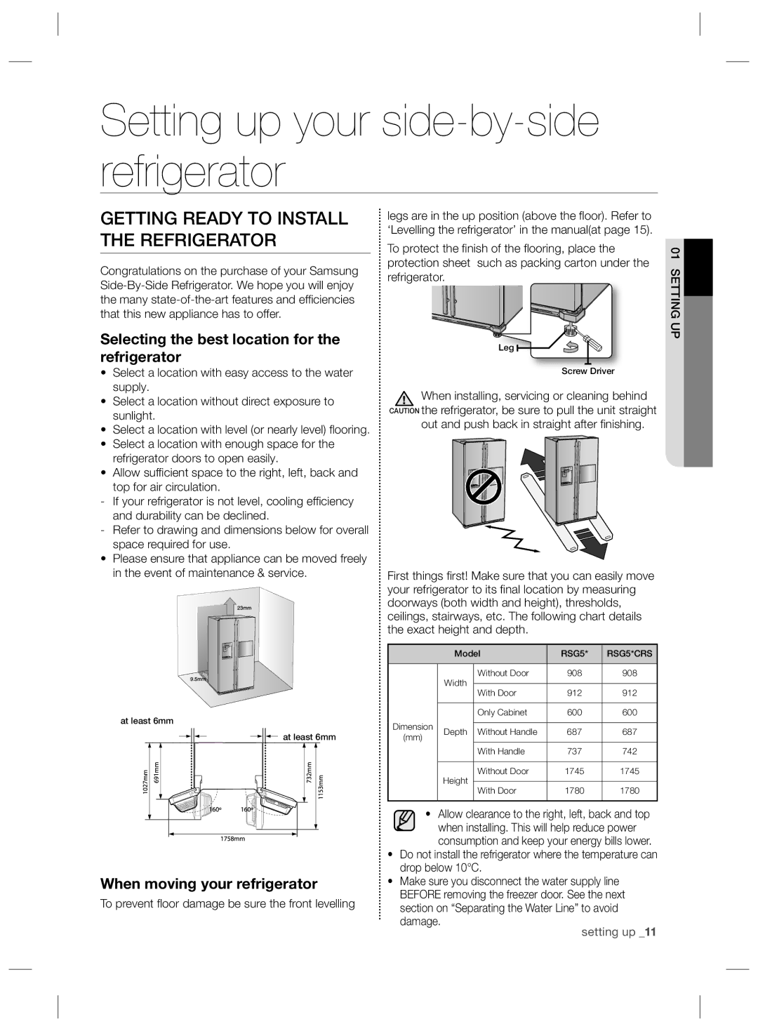 Samsung RSG5PURS1/EUR Setting up your side-by-side refrigerator, Getting Ready to Install the Refrigerator, Setting UP 