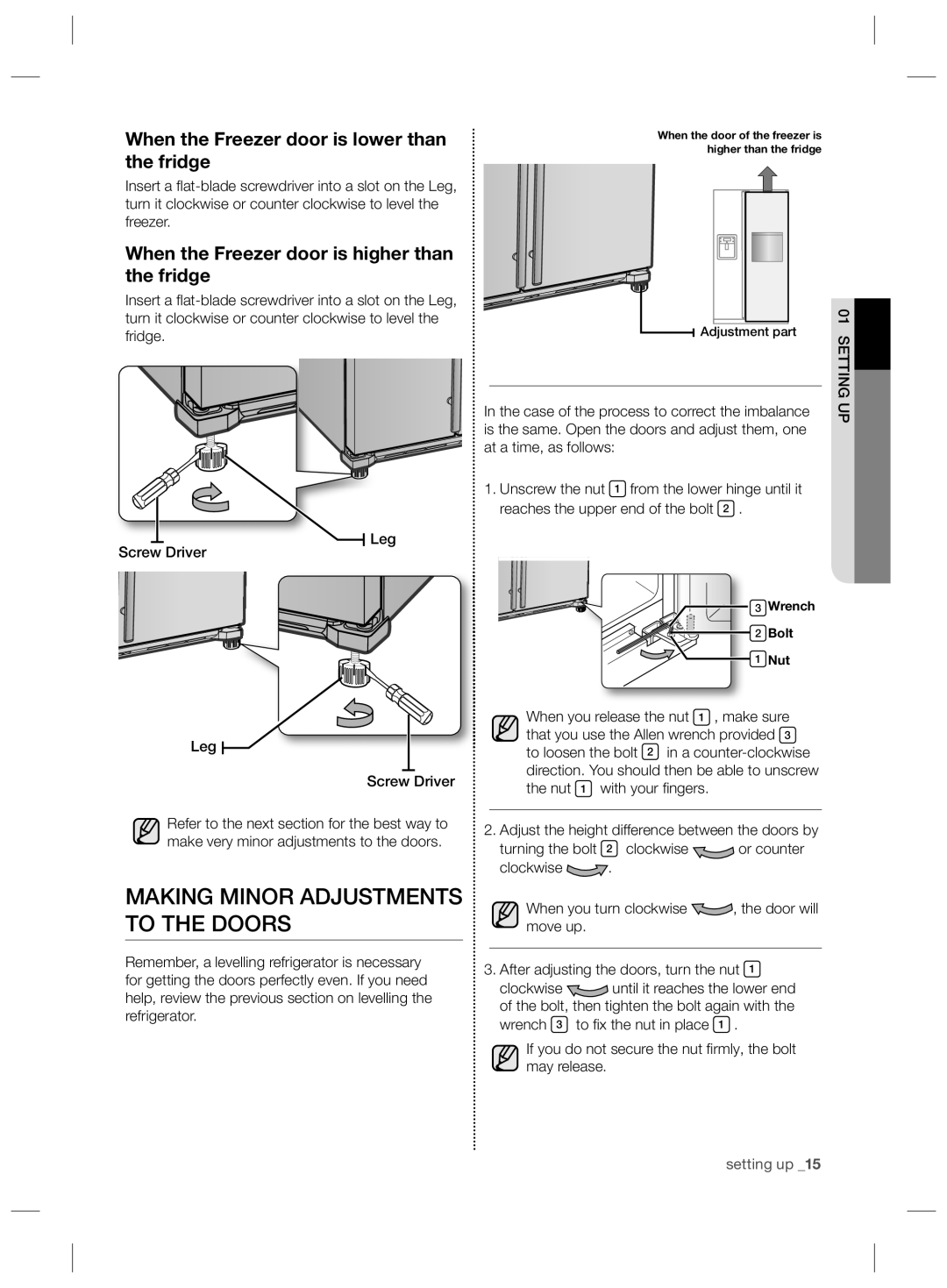 Samsung RSG5FURS1/BWT, RSG5PCRS1/XEO Making Minor Adjustments to the Doors, When the Freezer door is lower than the fridge 