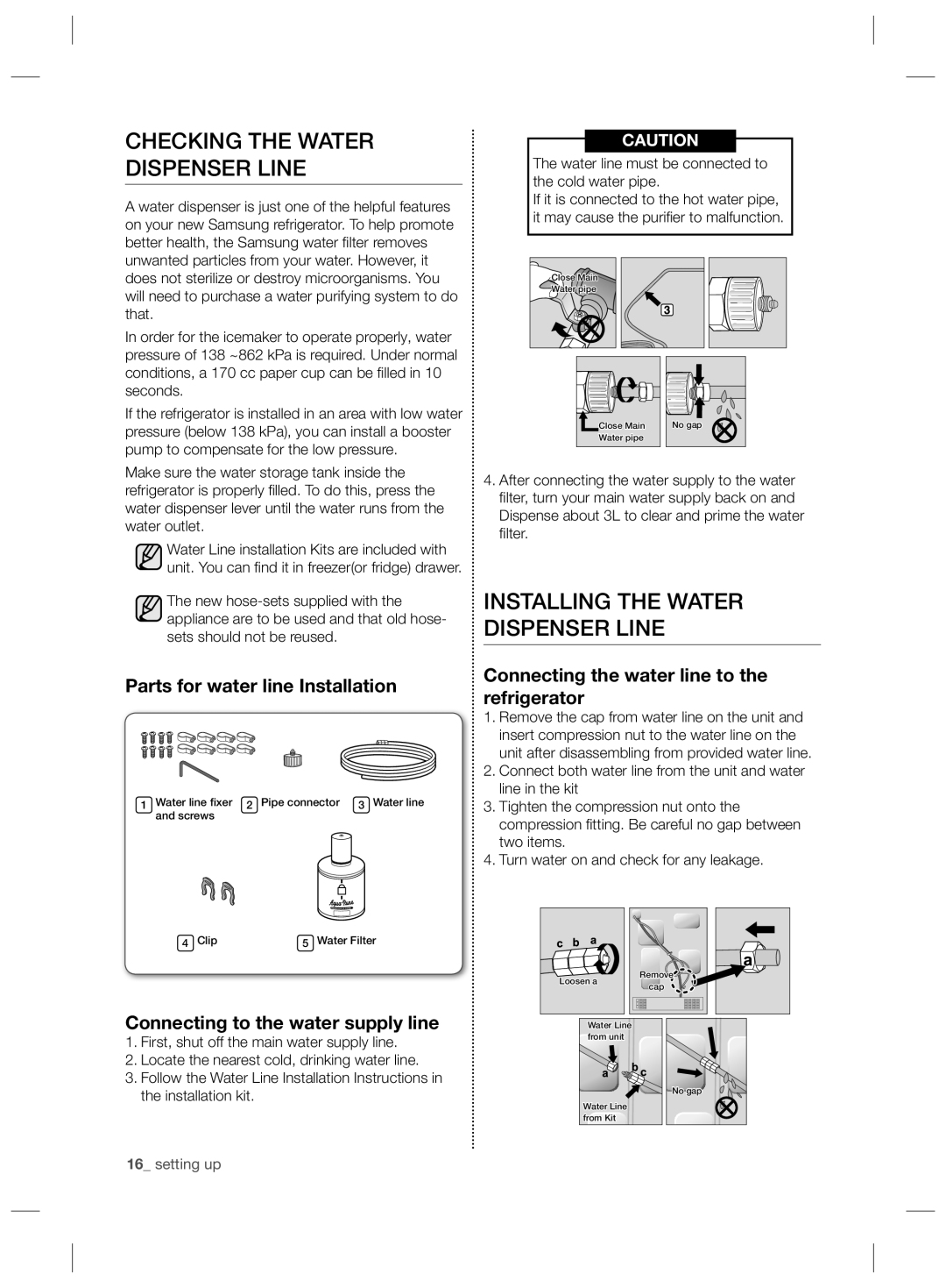 Samsung RSG5PURS1/XEO, RSG5PCRS1/XEO, RSG5FURS1/ANU Checking the Water Dispenser Line, Installing the Water Dispenser Line 