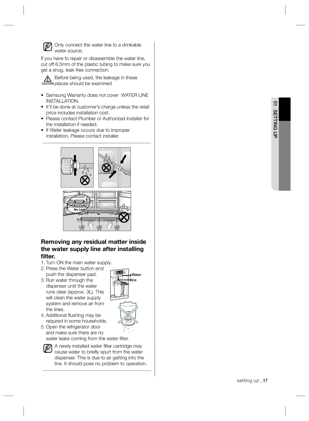 Samsung RSG5FURS1/XEO, RSG5PCRS1/XEO, RSG5FURS1/ANU, RSG5PURS1/EUR, RSG5PCRS1/XEF, RSG5PURS1/XEF Run water through, Setting UP 