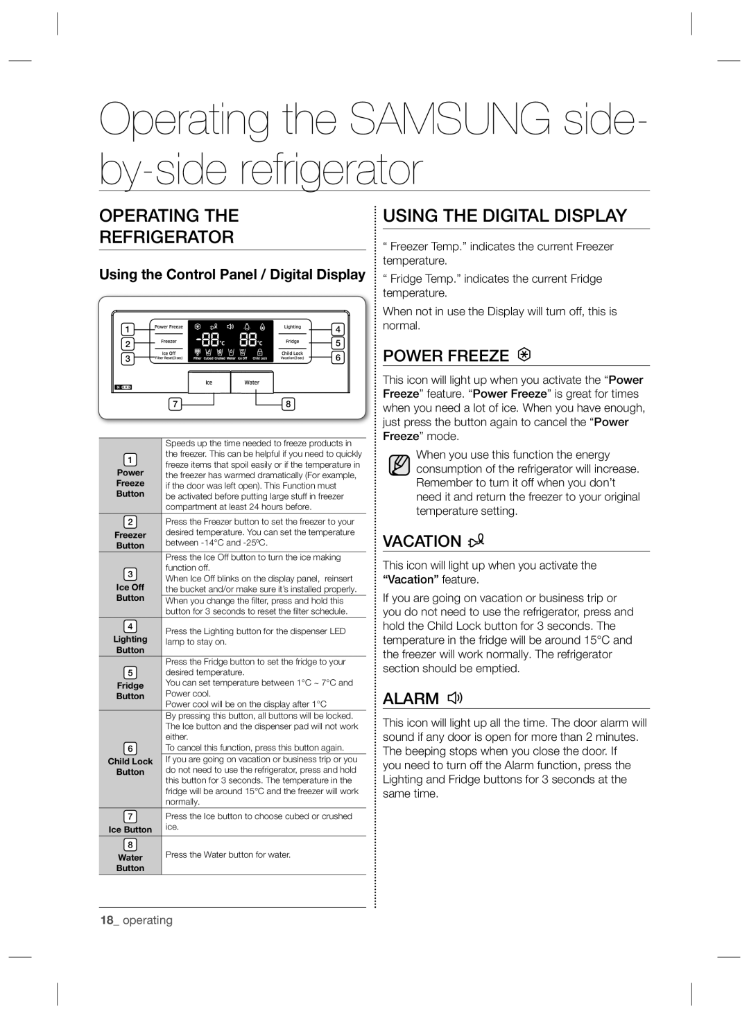 Samsung RSG5PCRS1/XEO Operating the Samsung side- by-side refrigerator, Operating Refrigerator, Using the Digital Display 