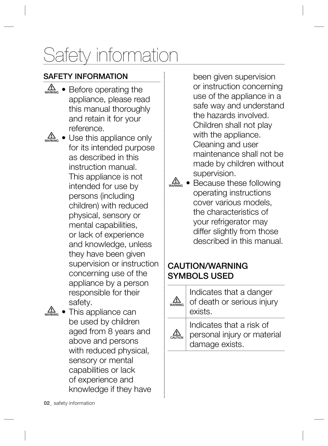 Samsung RSG5PURS1/EUR, RSG5PCRS1/XEO, RSG5FURS1/ANU, RSG5PCRS1/XEF, RSG5PURS1/XEF, RSG5FURS1/EUR manual Safety information 