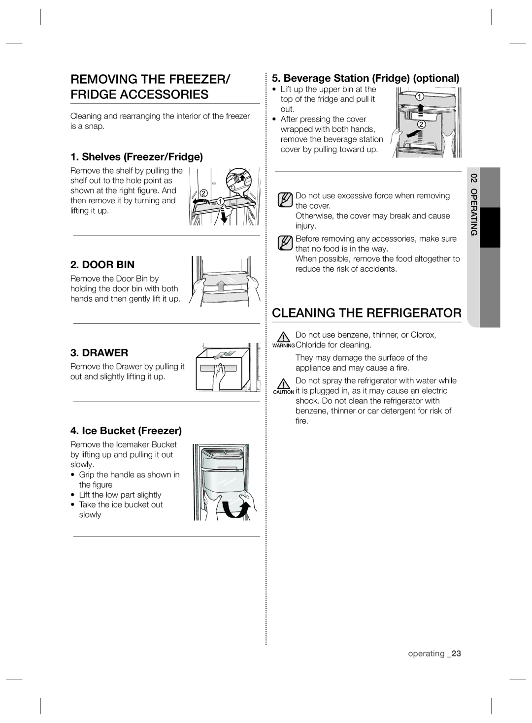 Samsung RSG5FURS1/EUR manual Removing the FREEZER/ Fridge Accessories, Cleaning the Refrigerator, Shelves Freezer/Fridge 