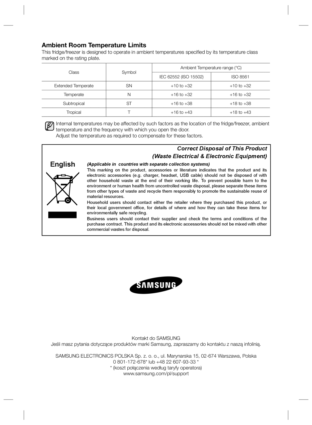 Samsung RSG5FURS1/XEO, RSG5PCRS1/XEO, RSG5FURS1/ANU, RSG5PURS1/EUR, RSG5PCRS1/XEF English, Ambient Room Temperature Limits 