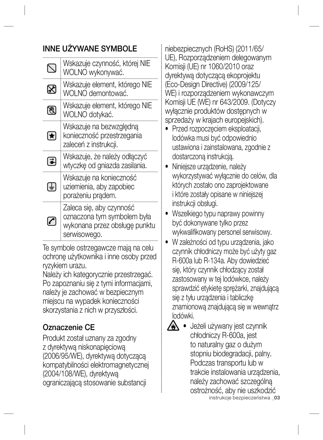 Samsung RSG5PURS1/EUR, RSG5PCRS1/XEO, RSG5FURS1/ANU, RSG5PCRS1/XEF, RSG5PURS1/XEF manual Inne Używane Symbole, Oznaczenie CE 