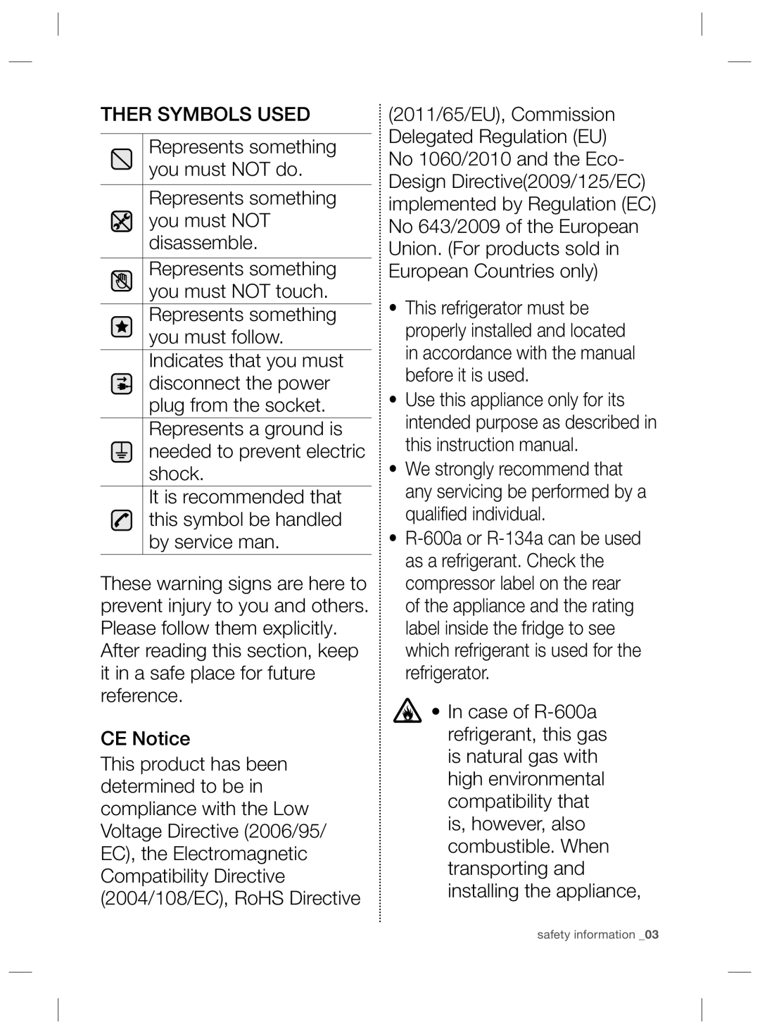 Samsung RSG5PCRS1/XEF, RSG5PCRS1/XEO, RSG5FURS1/ANU, RSG5PURS1/EUR, RSG5PURS1/XEF, RSG5FURS1/EUR manual Ther Symbols Used 