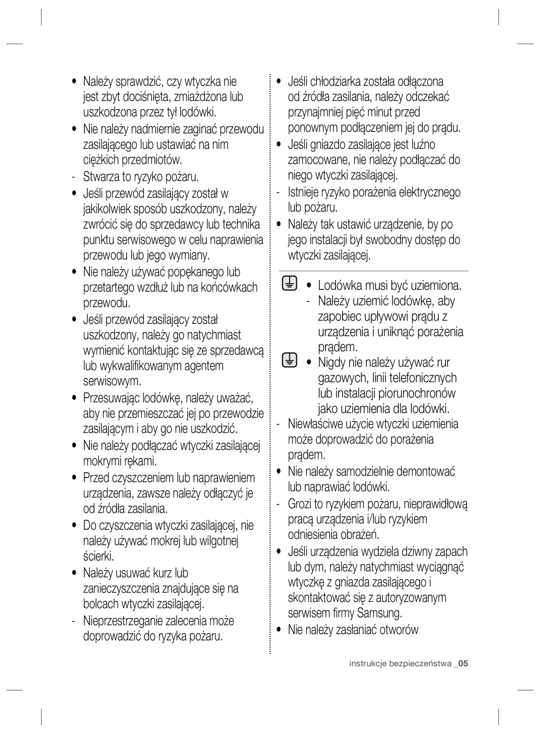 Samsung RSG5PURS1/XEF manual Stwarza to ryzyko pożaru, Nie należy podłączać wtyczki zasilającej mokrymi rękami, Prądem 