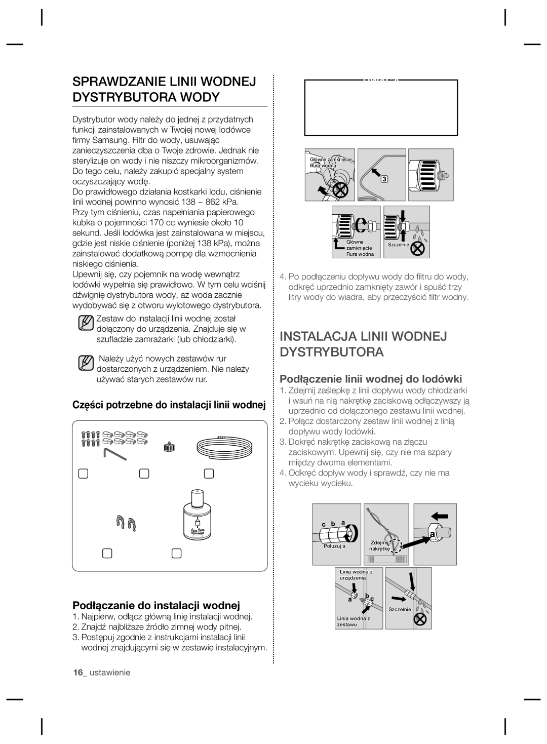 Samsung RSG5FURS1/BWT, RSG5PCRS1/XEO manual Sprawdzanie Linii Wodnej Dystrybutora Wody, Instalacja Linii Wodnej Dystrybutora 