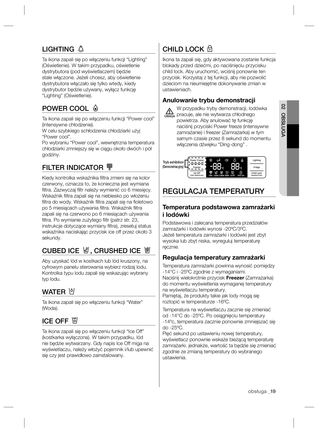 Samsung RSG5PCRS1/XEO Regulacja Temperatury, Anulowanie trybu demonstracji, Temperatura podstawowa zamrażarki i lodówki 