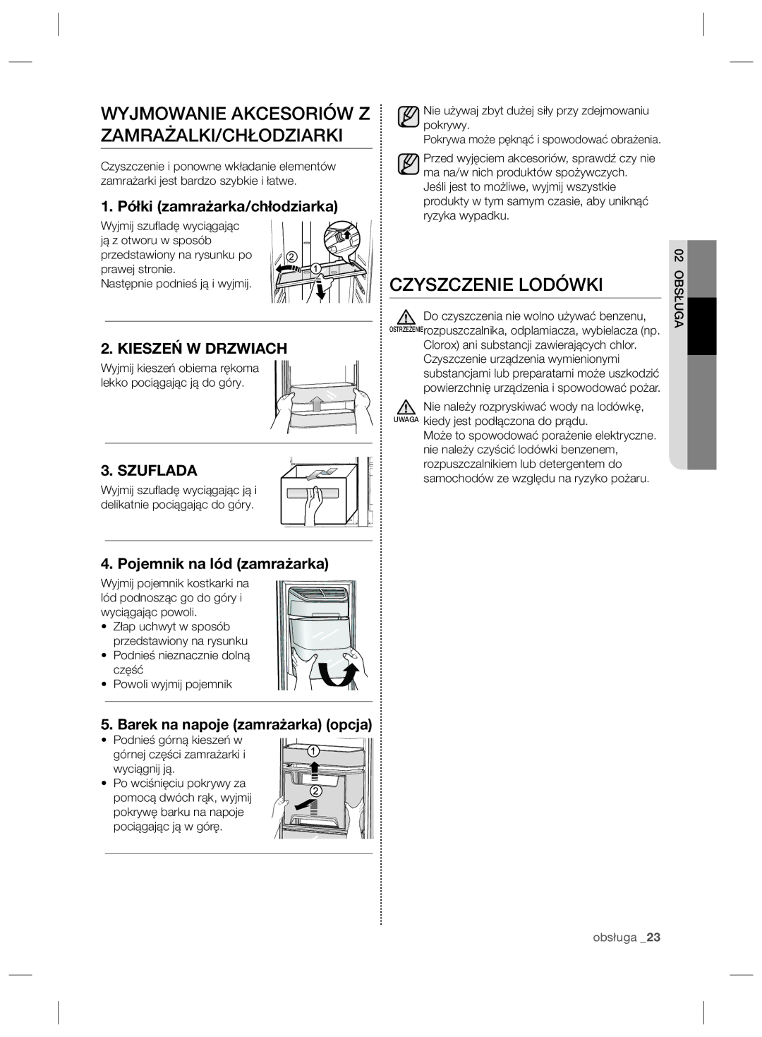 Samsung RSG5PURS1/XEF Wyjmowanie Akcesoriów Z ZAMRAŻALKI/CHŁODZIARKI, Czyszczenie Lodówki, Półki zamrażarka/chłodziarka 