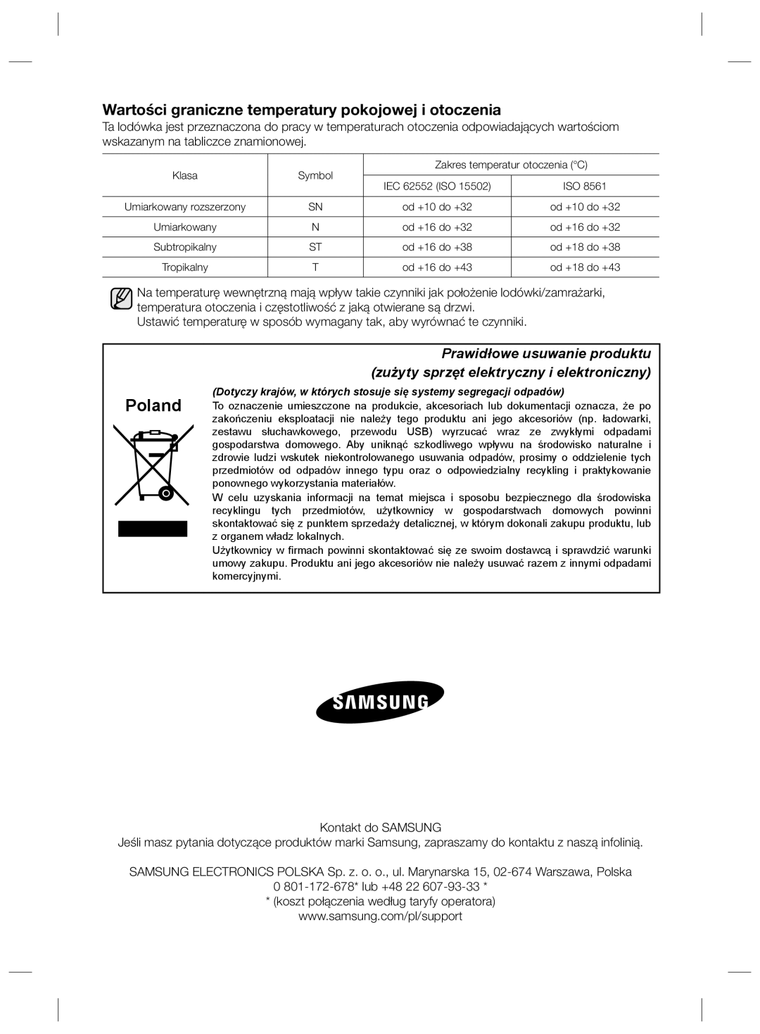 Samsung RSG5PURS1/XEO, RSG5PCRS1/XEO, RSG5FURS1/ANU manual Poland, Wartości graniczne temperatury pokojowej i otoczenia 