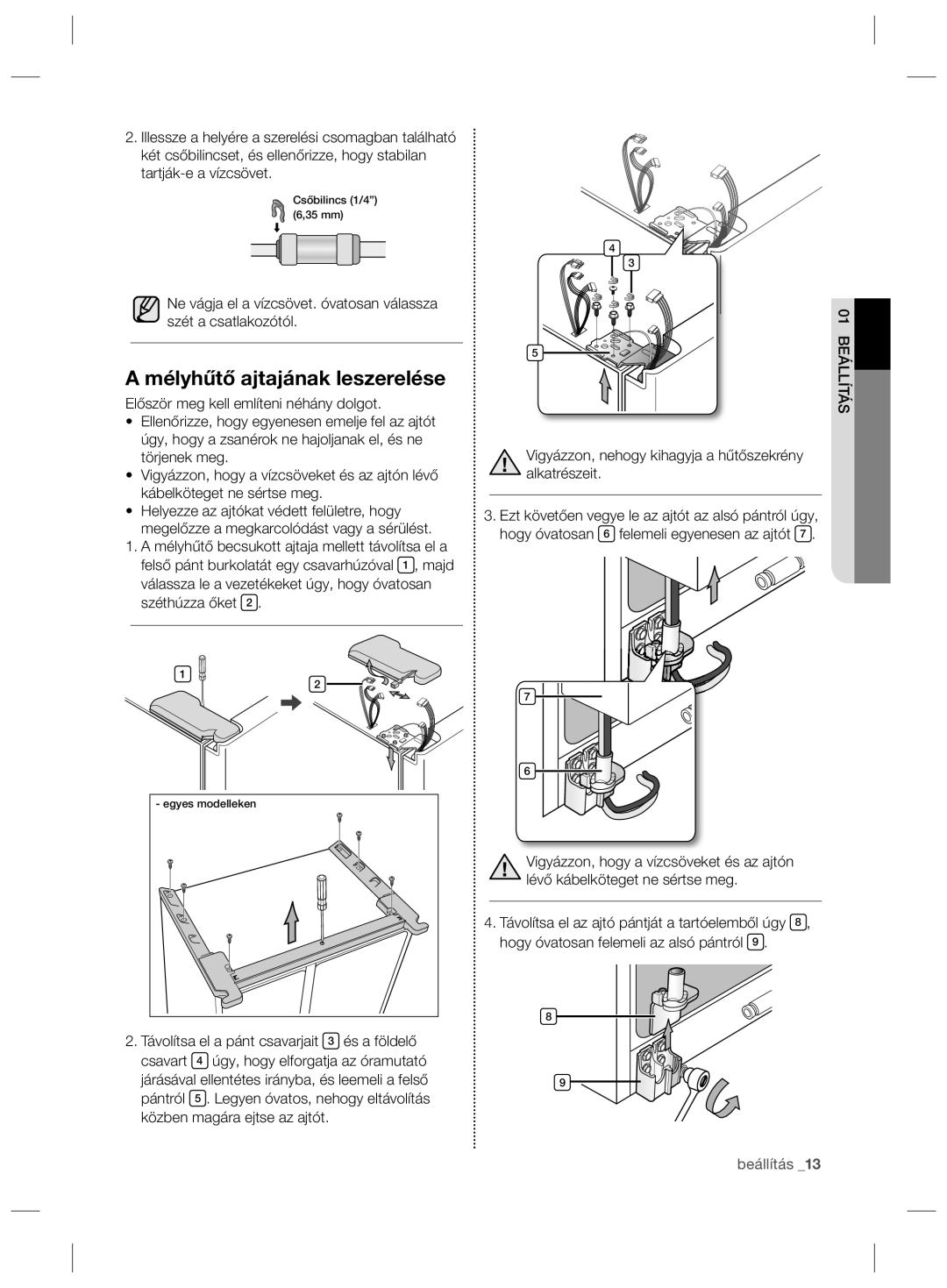 Samsung RSG5PURS1/EUR manual Mélyhűtő ajtajának leszerelése, Vigyázzon, nehogy kihagyja a hűtőszekrény Alkatrészeit 