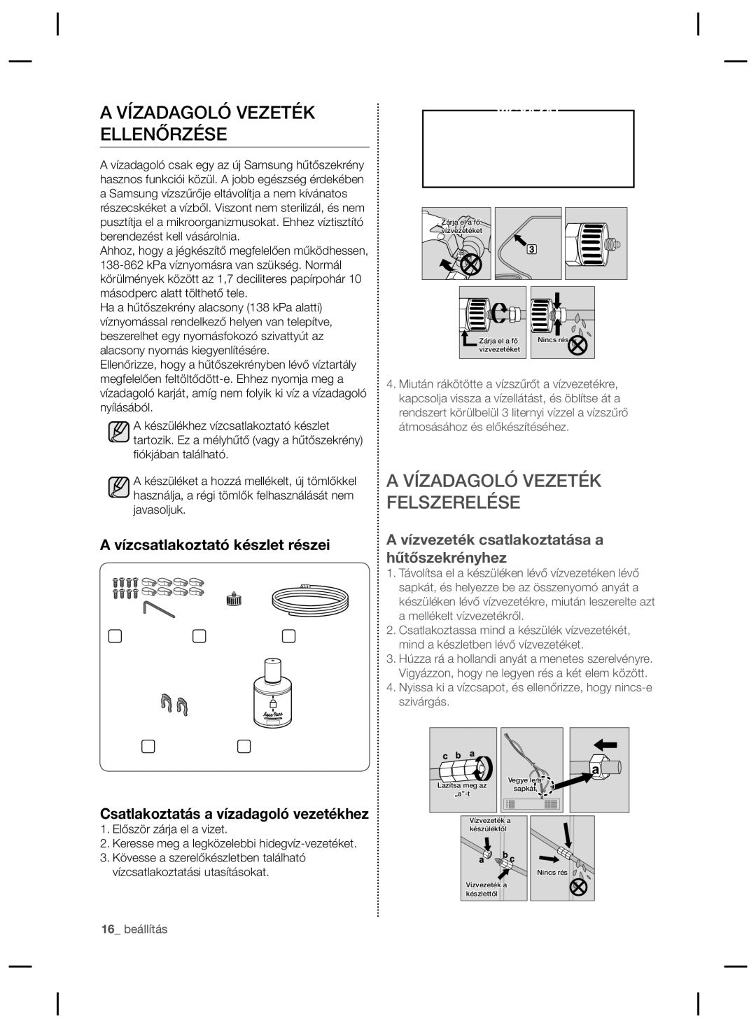 Samsung RSG5FURS1/EUR, RSG5PCRS1/XEO, RSG5FURS1/ANU manual Vízadagoló Vezeték Ellenőrzése, Vízcsatlakoztató készlet részei 