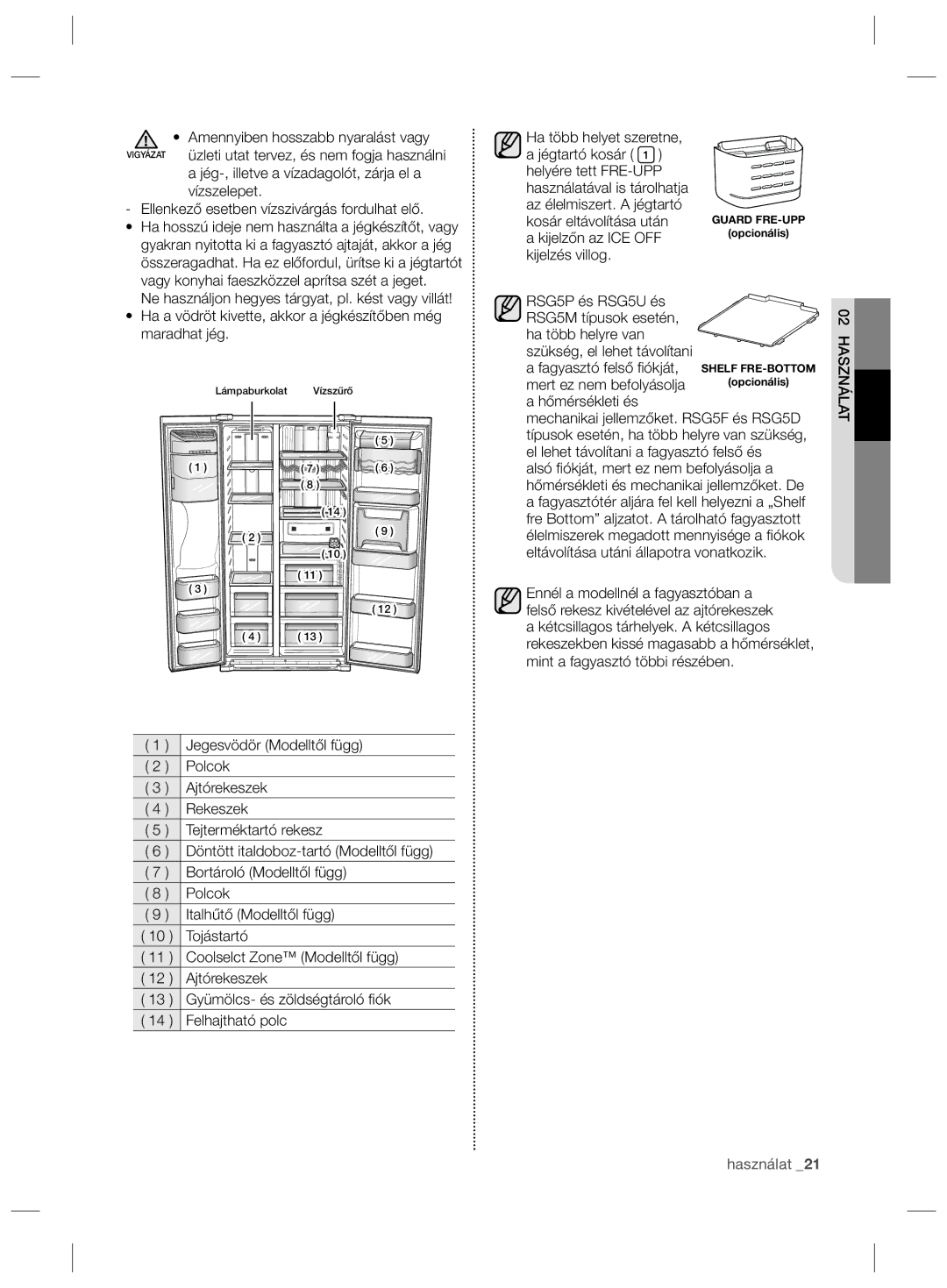 Samsung RSG5FURS1/ANU, RSG5PCRS1/XEO manual Amennyiben hosszabb nyaralást vagy, Jég-, illetve a vízadagolót, zárja el a 