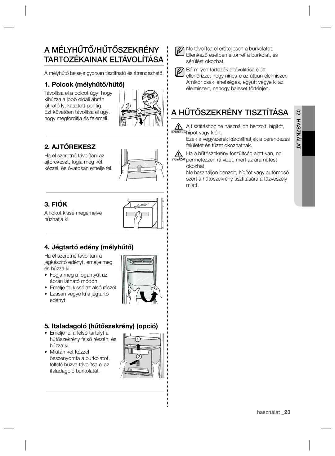 Samsung RSG5PCRS1/XEF, RSG5PCRS1/XEO, RSG5FURS1/ANU Hűtőszekrény Tisztítása, Polcok mélyhűtő/hűtő, Jégtartó edény mélyhűtő 