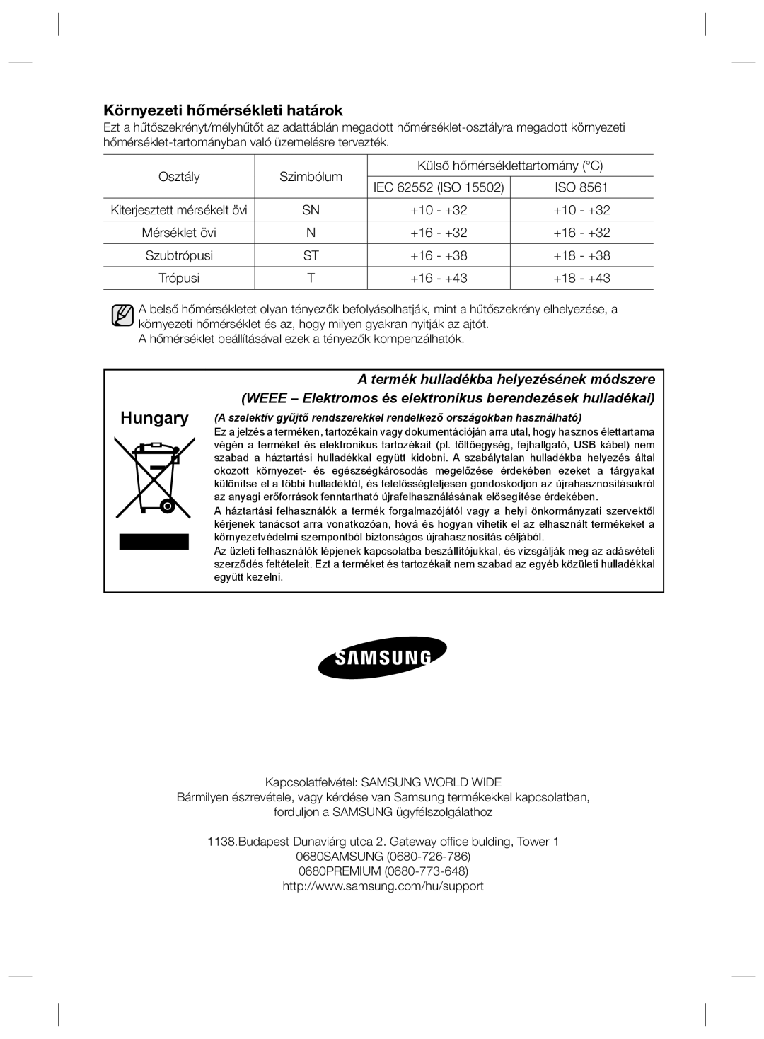 Samsung RSG5FURS1/BWT, RSG5PCRS1/XEO, RSG5FURS1/ANU, RSG5PURS1/EUR, RSG5PCRS1/XEF Környezeti hőmérsékleti határok, Trópusi 