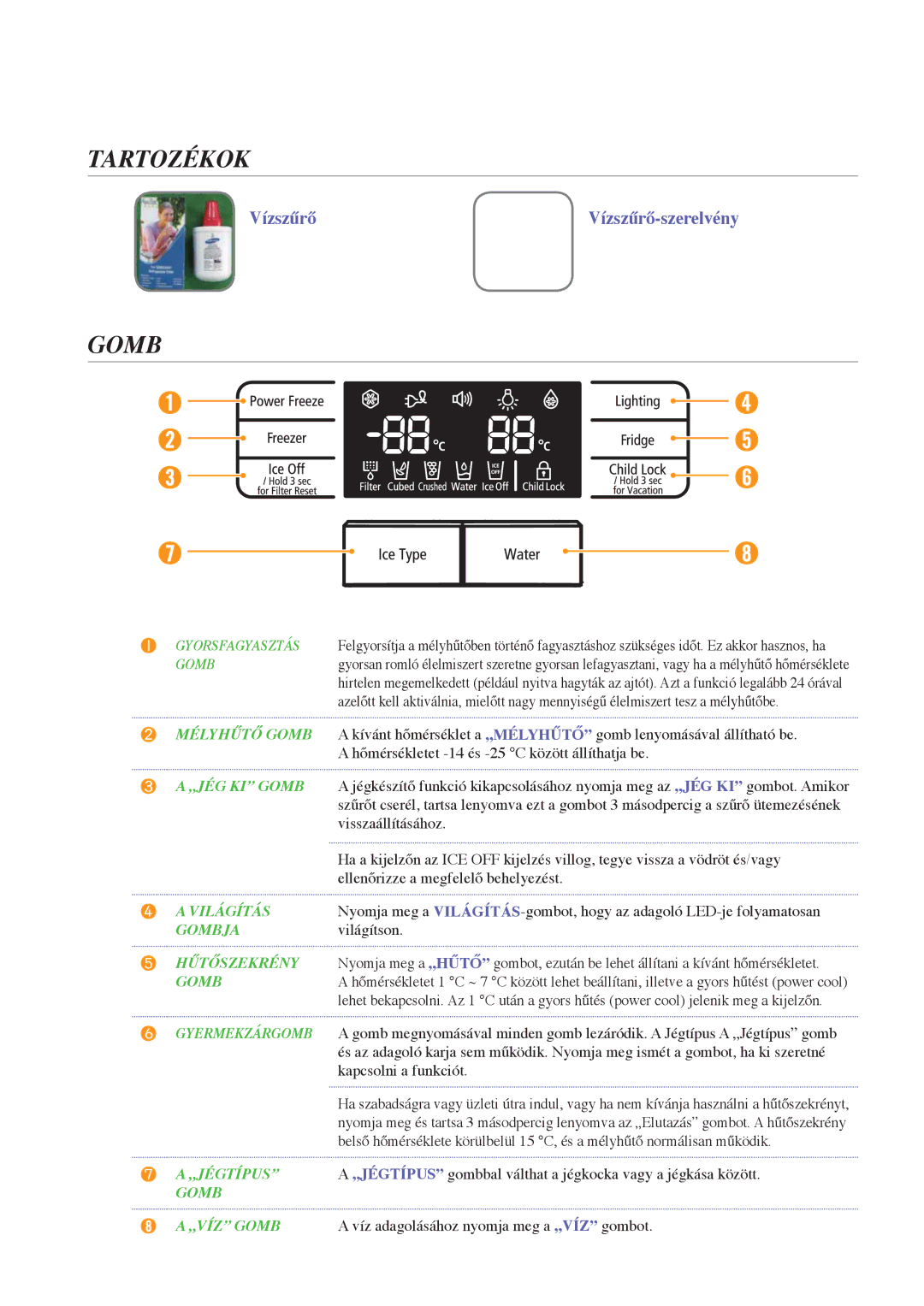 Samsung RSG5PURS1/XEO, RSG5PCRS1/XEO, RSG5PURS1/EUR, RSG5PCRS1/XEF manual Tartozékok, Világítás, Gombja, ➑ a „Víz gomb 