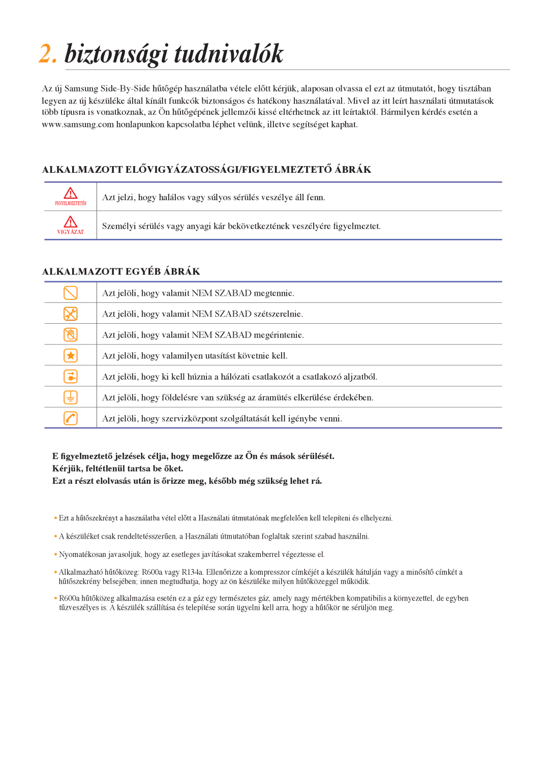 Samsung RSG5FURS1/EUR, RSG5PCRS1/XEO manual Biztonsági tudnivalók, AlkAlmAzott előVigyÁzAtossÁgi/figyelmeztető ÁbrÁk 