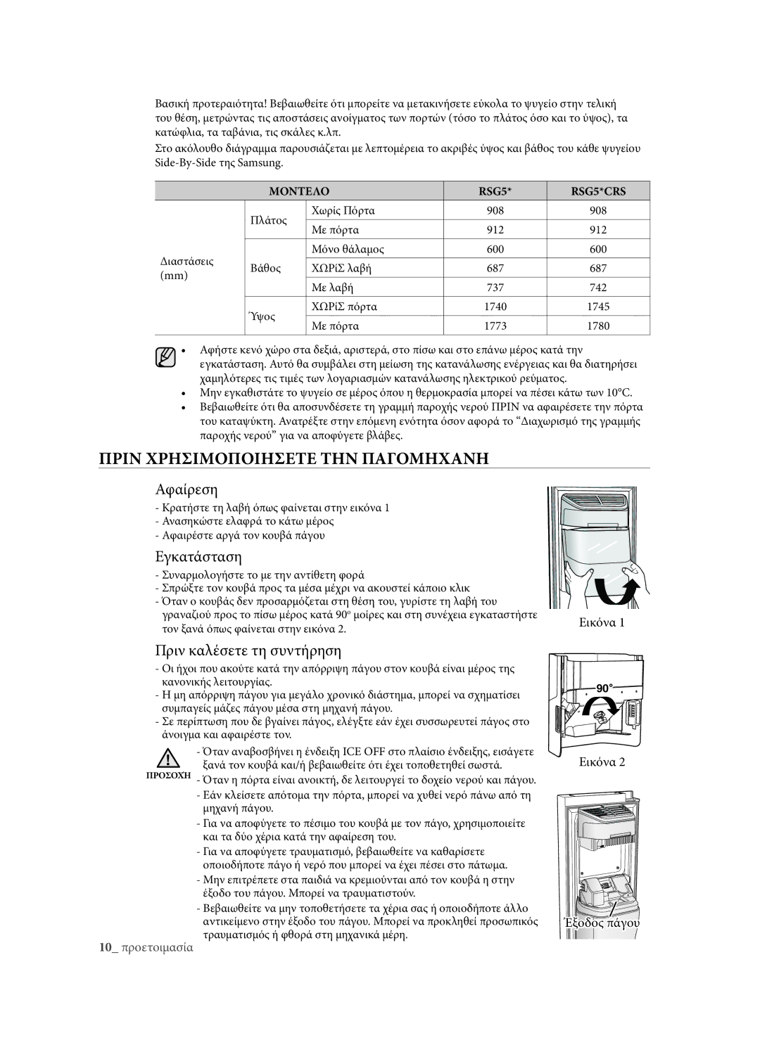 Samsung RSG5FURS1/EUR, RSG5PURS1/EUR, RSG5DUMH1/EUR manual Αφαίρεση, Εγκατάσταση, Πριν καλέσετε τη συντήρηση 