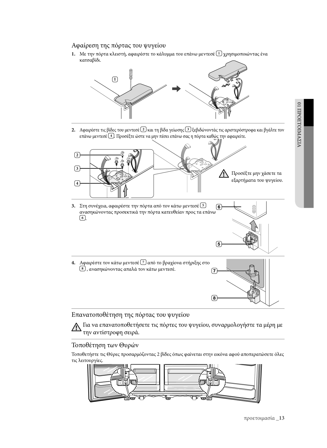 Samsung RSG5FURS1/EUR manual Αφαίρεση της πόρτας του ψυγείου, Επανατοποθέτηση της πόρτας του ψυγείου, Τοποθέτηση των Θυρών 