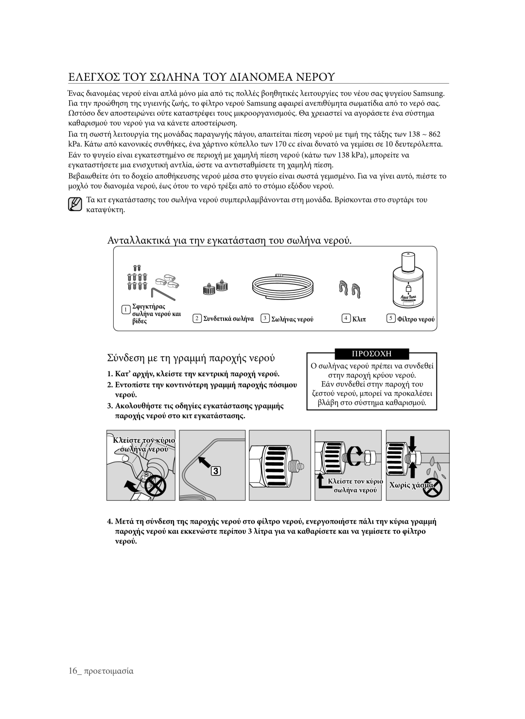 Samsung RSG5FURS1/EUR manual Ελεγχοσ ΤΟΥ Σωληνα ΤΟΥ Διανομεα Νερου, Ανταλλακτικά για την εγκατάσταση του σωλήνα νερού 