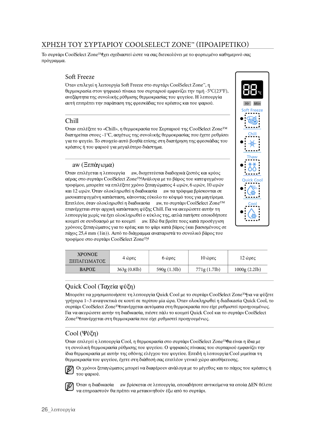 Samsung RSG5DUMH1/EUR, RSG5PURS1/EUR, RSG5FURS1/EUR manual Chill, Thaw Ξεπάγωμα, Quick Cool Ταχεία ψύξη, Cool Ψύξη 