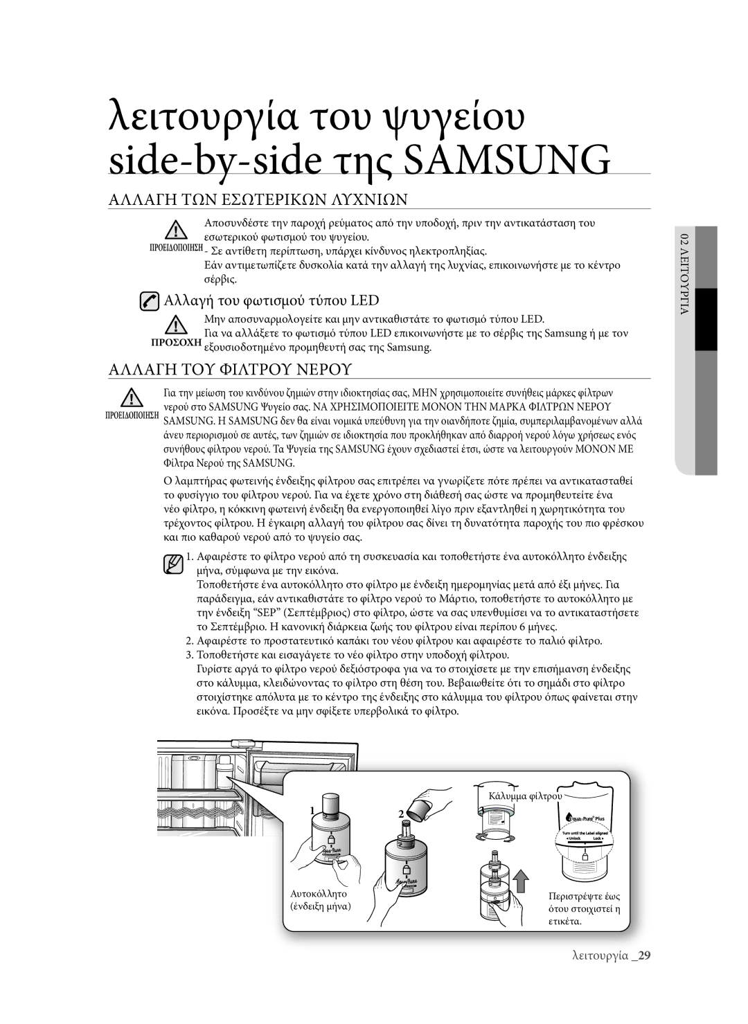 Samsung RSG5DUMH1/EUR manual Αλλαγh ΤΩΝ Εσωτερικων Λυχνιων, Αλλαγh ΤΟΥ Φιλτρου Νερου, Αλλαγή του φωτισμού τύπου LED 