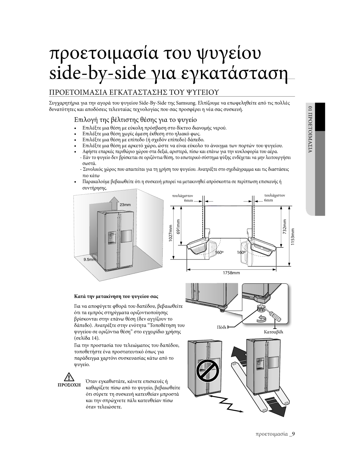 Samsung RSG5PURS1/EUR manual Προετοιμασία του ψυγείου side-by-side για εγκατάσταση, Προετοιμασiα Εγκατaστασησ ΤΟΥ Ψυγεiου 