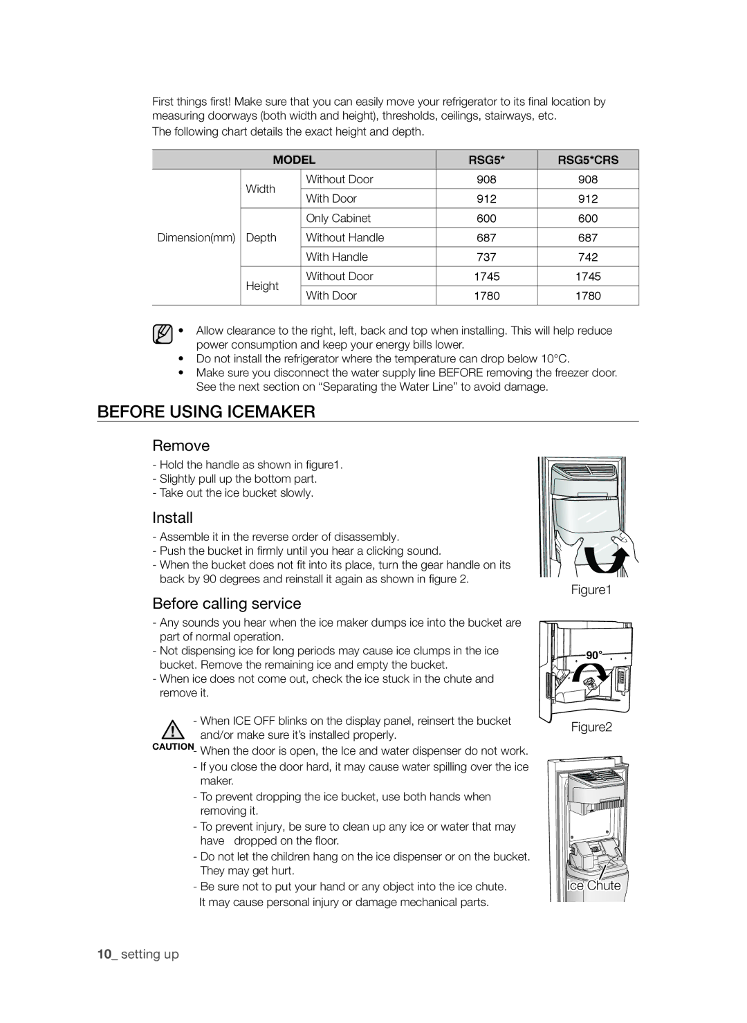 Samsung RSG5FUBP1/EUR, RSG5PURS1/EUR, RSG5FURS1/EUR manual Before using icemaker, Remove, Install, Before calling service 