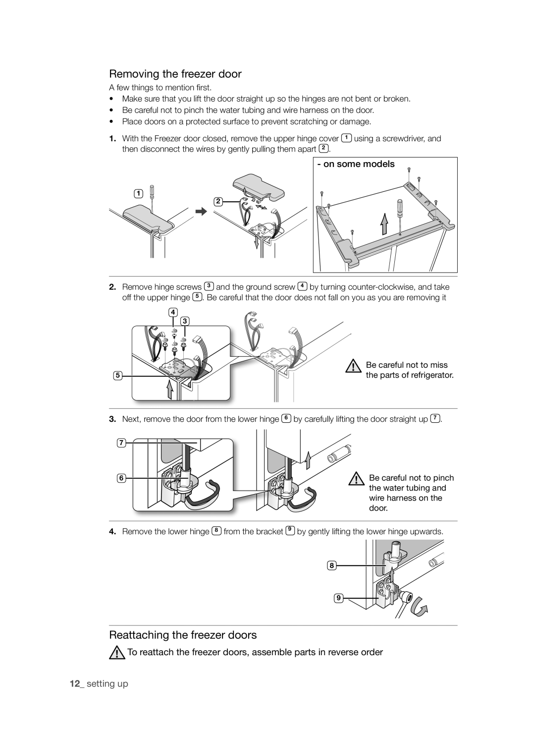 Samsung RSG5PURS1/XEO, RSG5PURS1/EUR, RSG5FURS1/EUR, RSG5FUBP1/EUR Removing the freezer door, Reattaching the freezer doors 