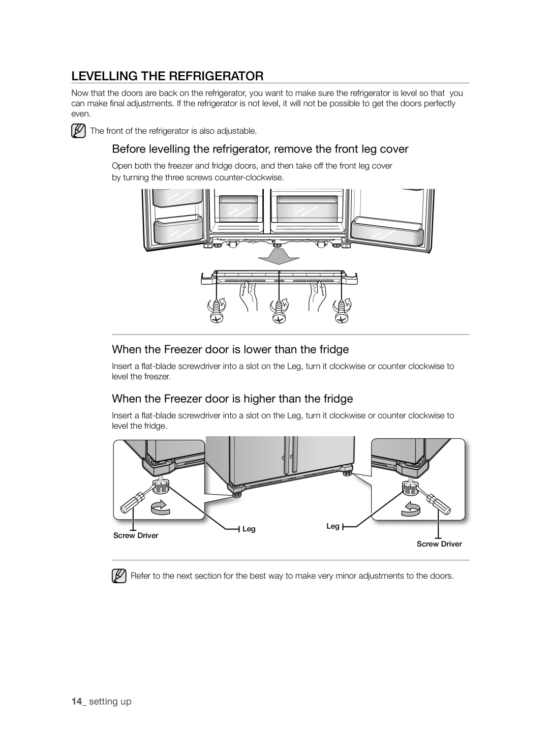 Samsung RSG5DUMH1/EUR, RSG5PURS1/EUR manual Levelling the refrigerator, When the Freezer door is lower than the fridge 