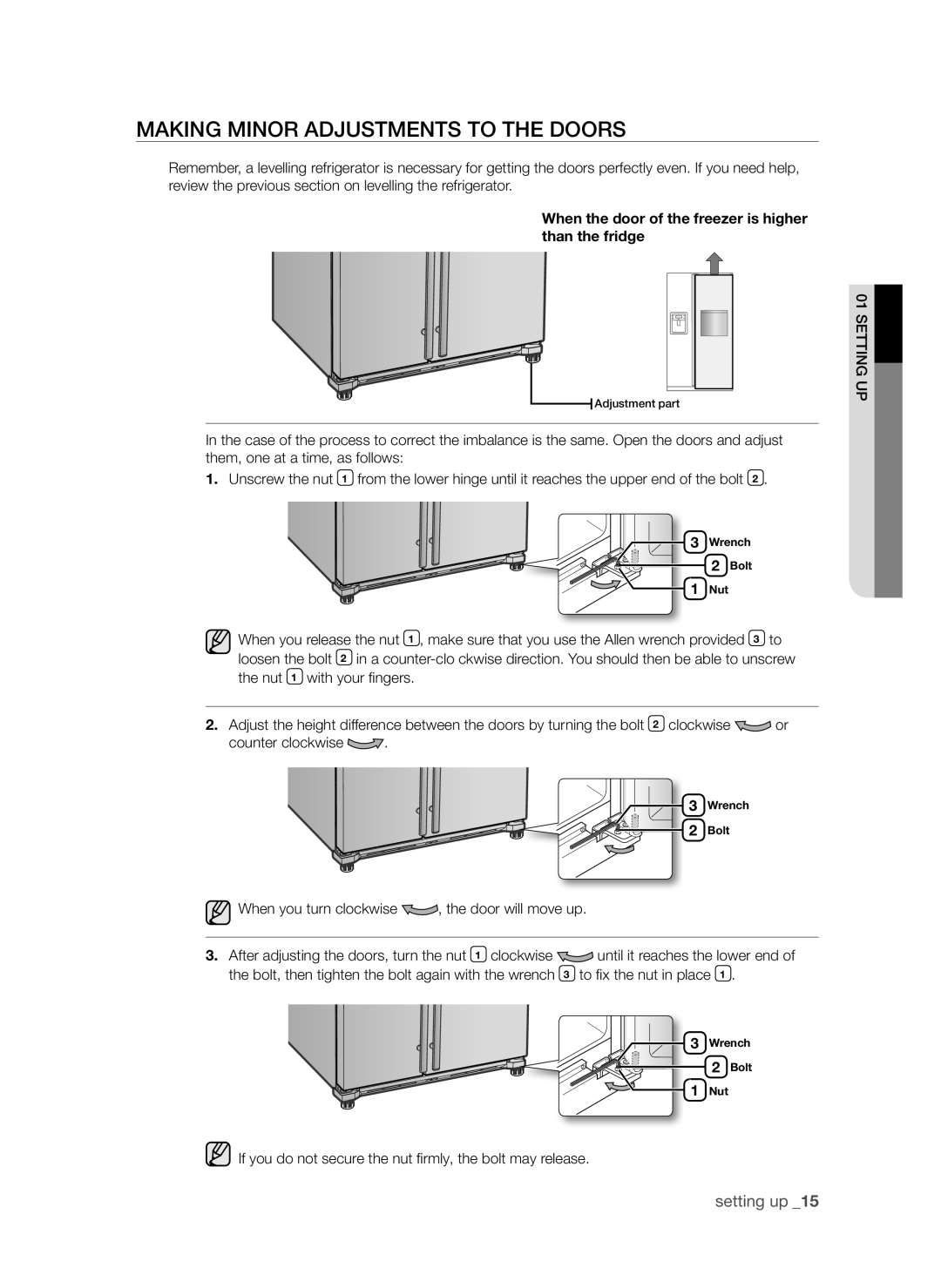 Samsung RSG5FURS1/SML manual Making mInor adjustments to the doors, When the door of the freezer is higher than the fridge 